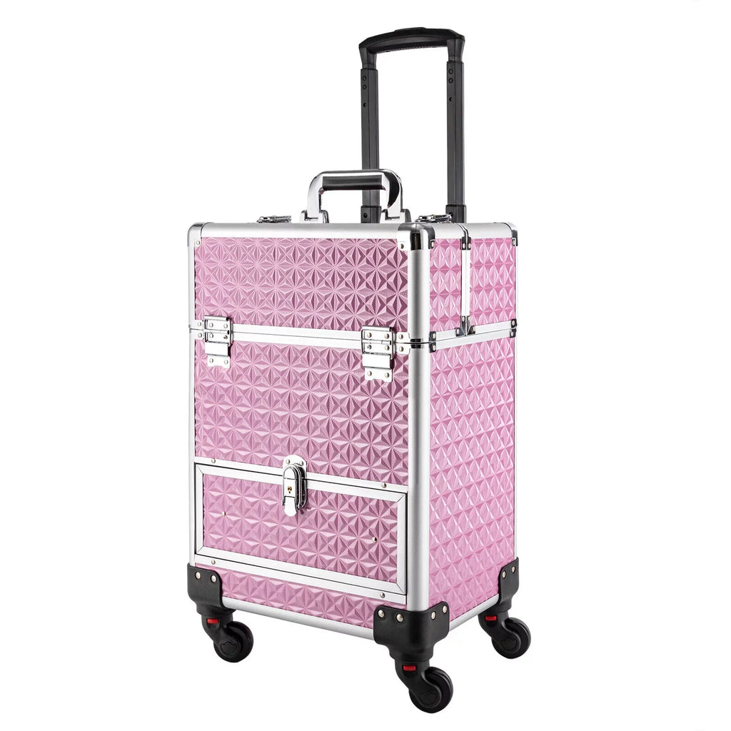 MIDUO Professional Makeup Trolley Lockable Nail Embroidery Hair Styling Tools Storage Box with Drawers Pink