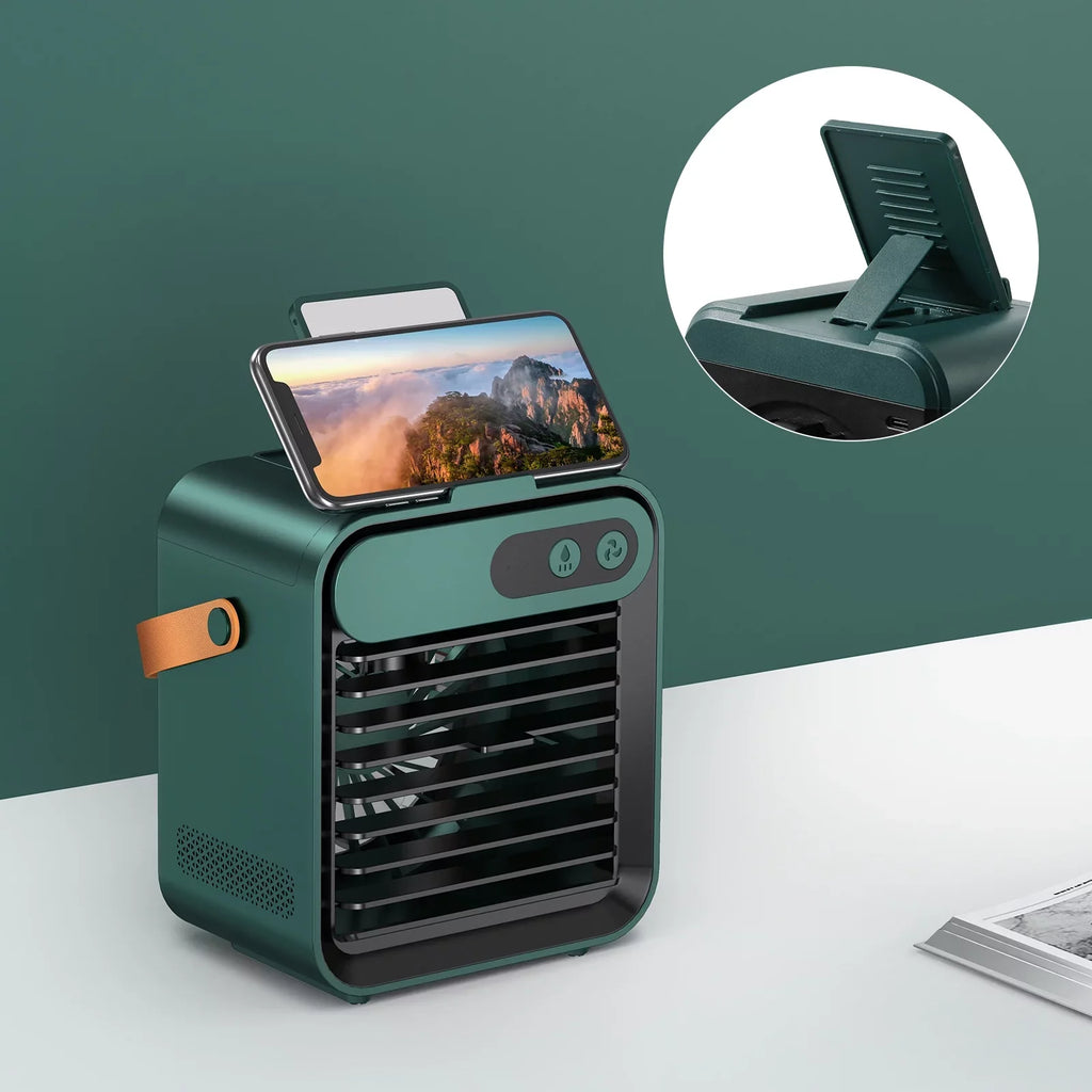 Comvin Portable Air Cooler Fan,Quiet Humidifier USB Desk Fan with 3 Speeds 4 in 1 Desktop Personal Adjustable Fan, Air Cooling Fan with Phone holder and vanity mirror for Office,Bedroom,Car and Home