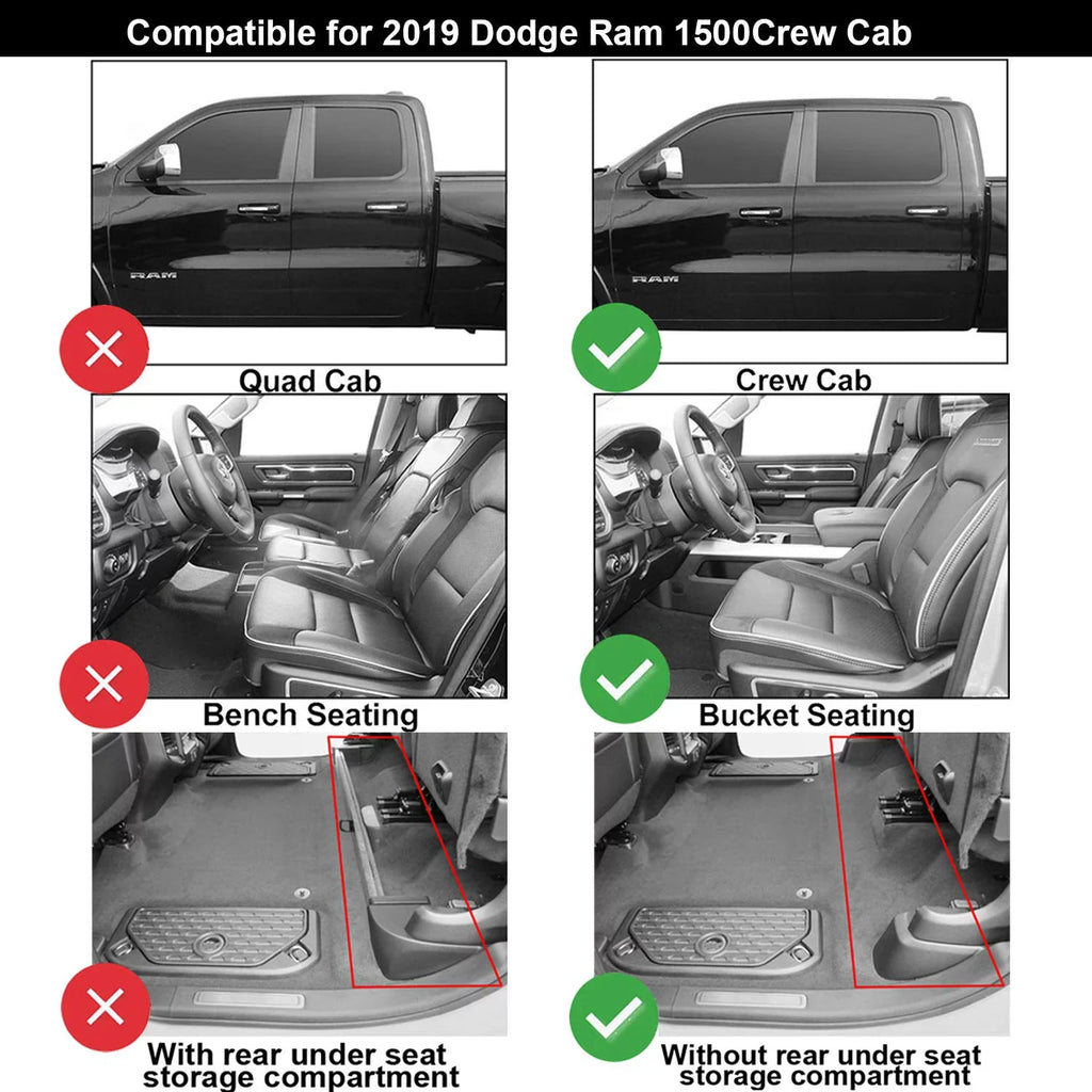 3W Floor Mats for Dodge Ram 2019 2020 (NOT for Storage Under Rear Seat) - Full Set All Weather Ram 1500 Crew Cab Carpet with Non-Toxic TPE 1st & 2nd Row for Bucket Seating, charcoal