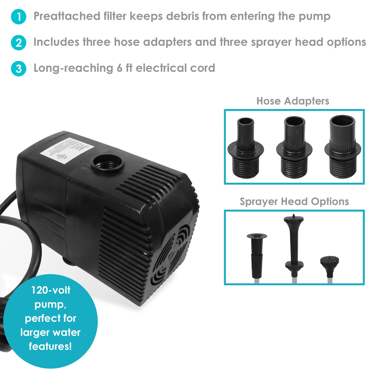 Sunnydaze Electric Water reservoir Pump with Filter and 3 Heads Spray Heads - 120 Volts