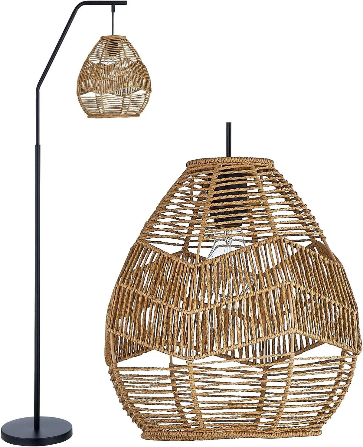 Maxax Rattan Boho Floor Lamp Farmhouse Arc Standing Lamp with Larger Woven Rattan Lamp Shade, charcoal