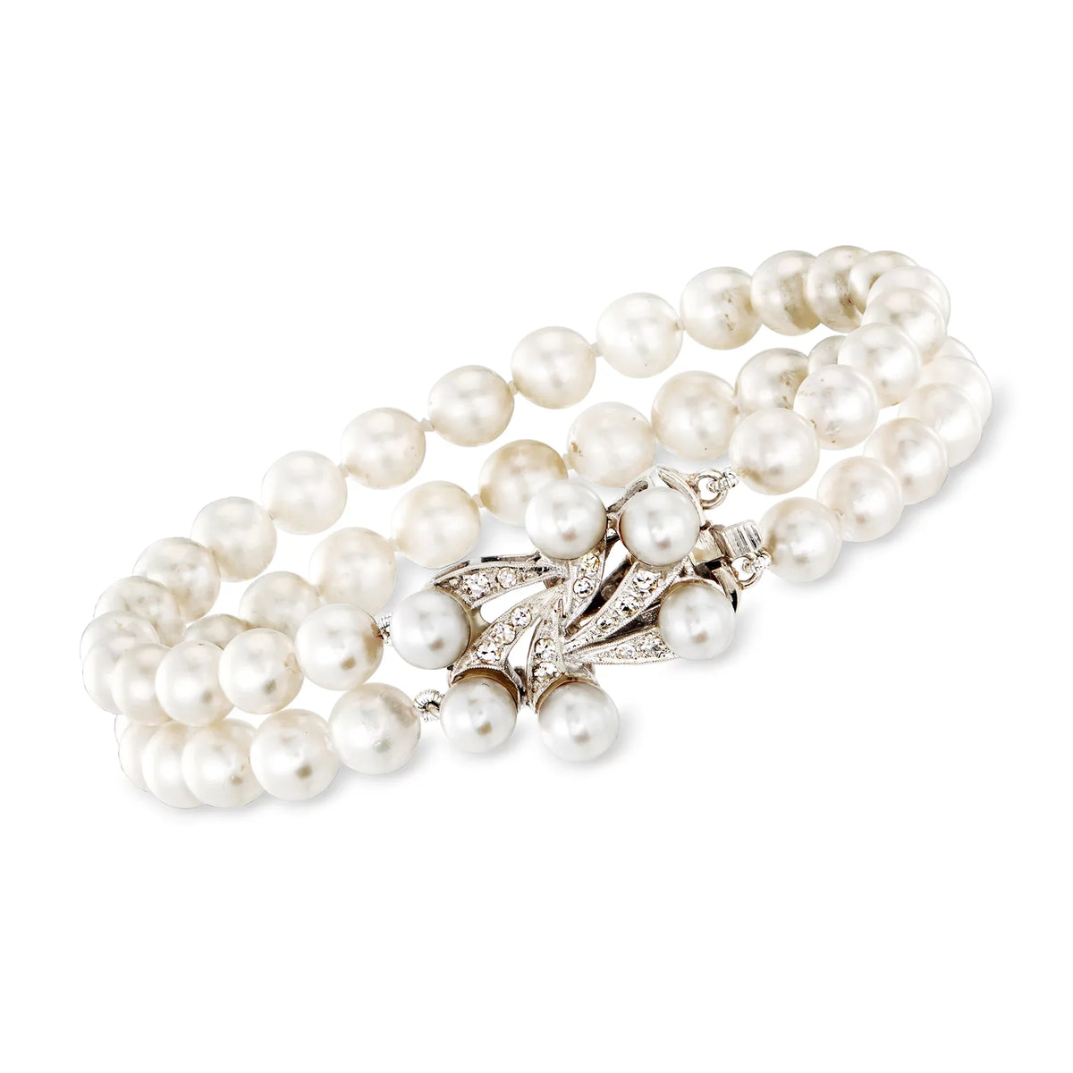 Diamond Clasp in 14kt White Gold, Women's, Adult, Pre-Owned. t.w. 1950 Vintage 5.3-6.3mm Cultured Pearl 2-Row Bracelet With .20 ct. Ross-Simons C