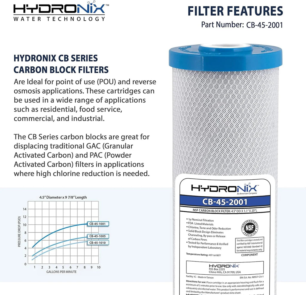 Hydronix CB-45-2001 Replacement Carbon Water Filter  20-25mm x 4.5-1 inch 1 Micron