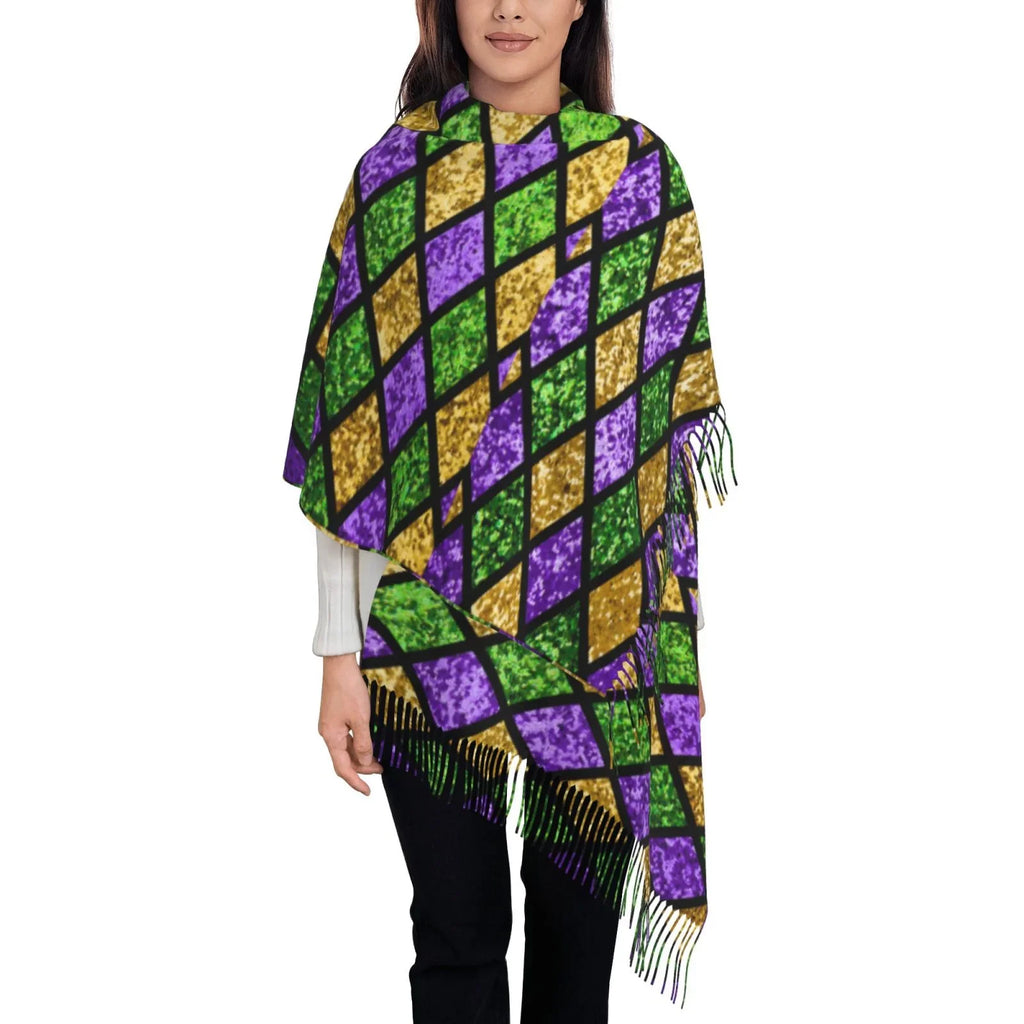 Bingfone Soft Cashmere Feel Scarf For Women Elegant Art Print Winter Warm Scarves Large Shawl Wrap Gifts- Mardi Gras Shiny Green Purple