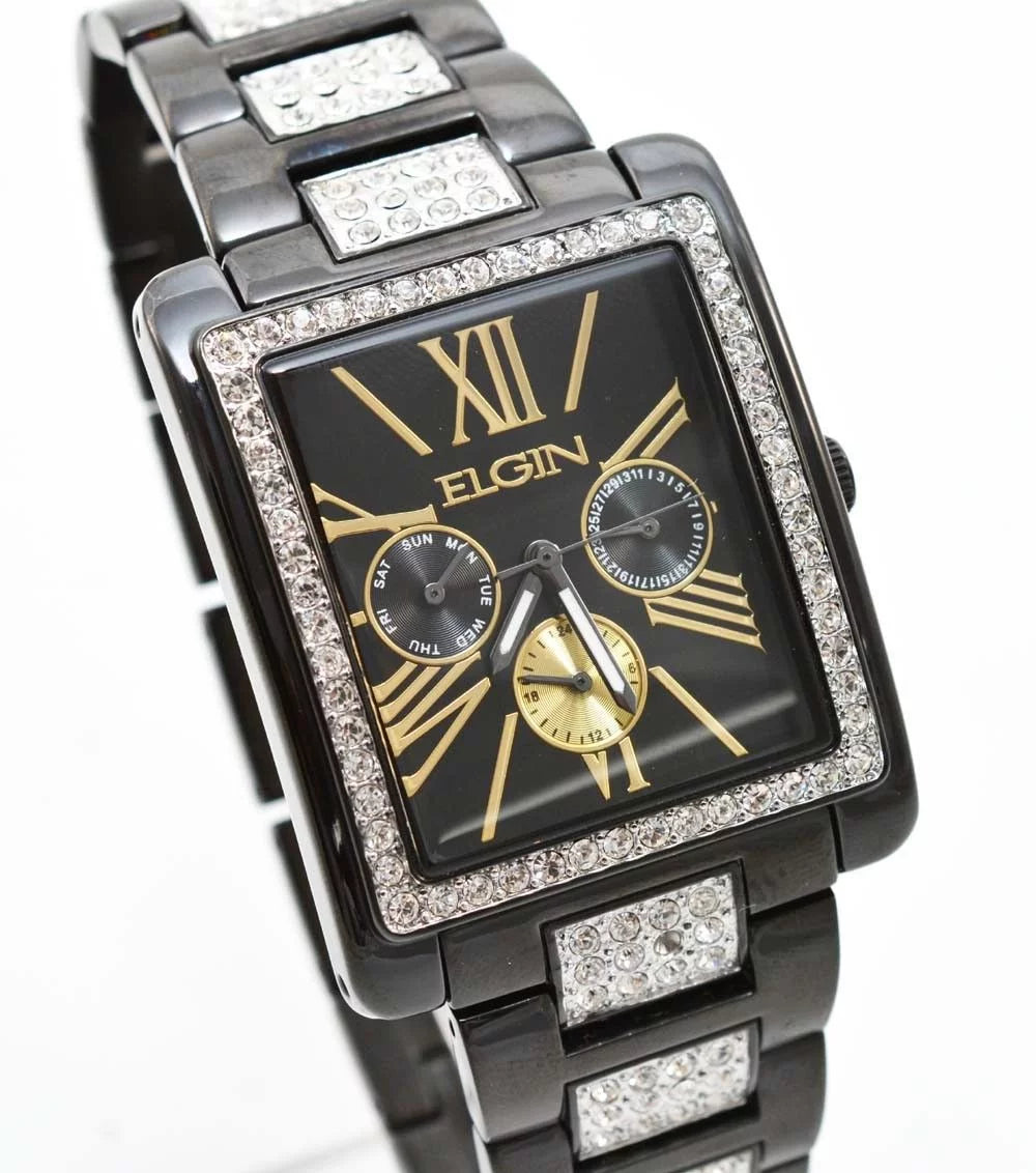 New Elgin Men`s ebony IP Crystal Band & Dial Multifunction Quartz Watch FG10003