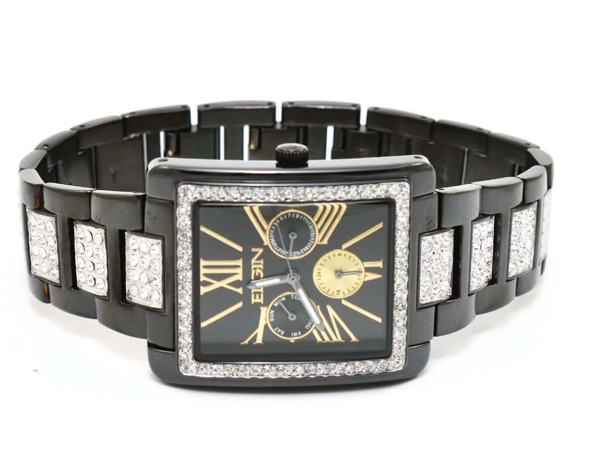 New Elgin Men`s ebony IP Crystal Band & Dial Multifunction Quartz Watch FG10003