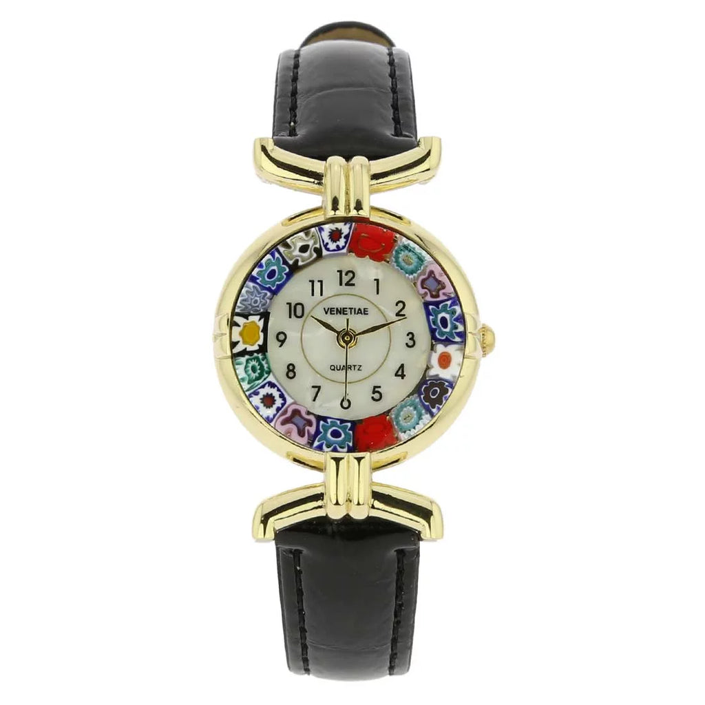 GlassOfVenice Murano Glass Millefiori Watch with Leather Band - charcoal Multicolor