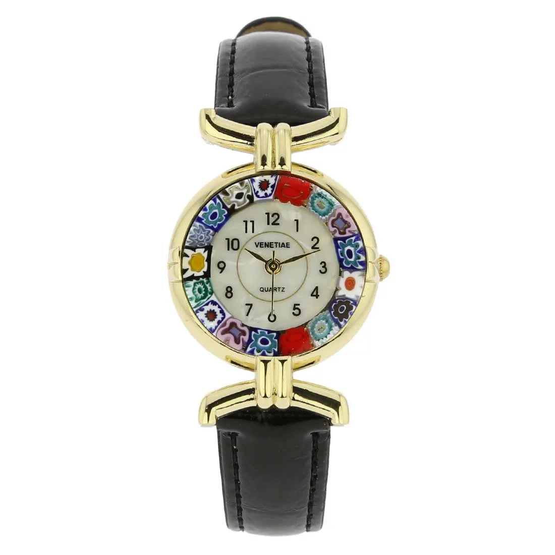 GlassOfVenice Murano Glass Millefiori Watch with Leather Band - charcoal Multicolor