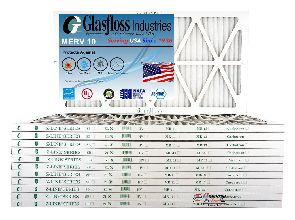 Glasfloss 20x36x1 - MERV 10 -Qty:12 - Furnace Air Filter - Made in USA (Actual Size: 19.5 x 36.5x7/8 1 inch)