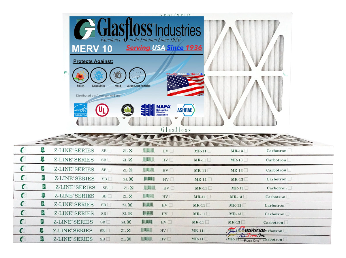 Glasfloss 20x36x1 - MERV 10 -Qty:12 - Furnace Air Filter - Made in USA (Actual Size: 19.5 x 36.5x7/8 1 inch)