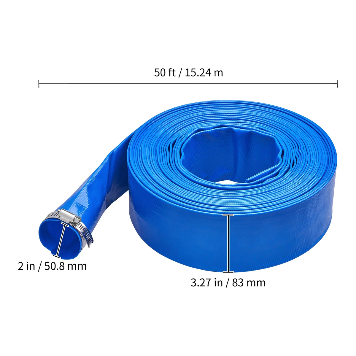 BENTISM Swimming Pool Filter Backwash Hose with Clamps 2'' x 50' Premium polyvinyl chloride Lay Flat Discharge Hose Blue Weather and Chemical Resistant