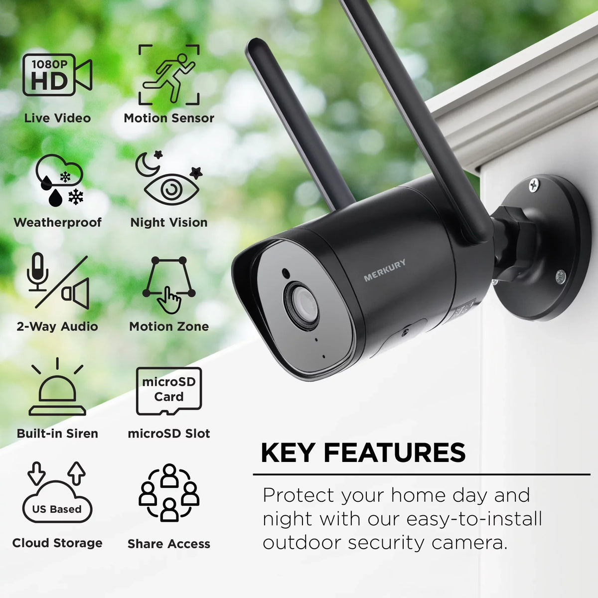 Merkury Smart 1080P Smart Outdoor Security Camera - Weatherproof, Night Vision, 2-Way Audio, dark, Wi-Fi