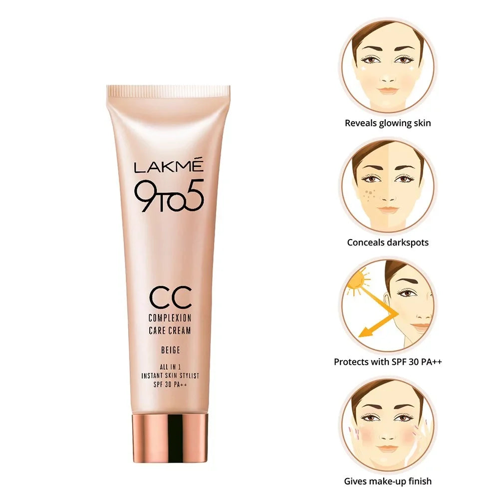 LAKMÉ 9 To 5 Cc Cream Mini, 01 - Beige, Light Face Makeup With Natural Coverage, Spf 30 -  9 G