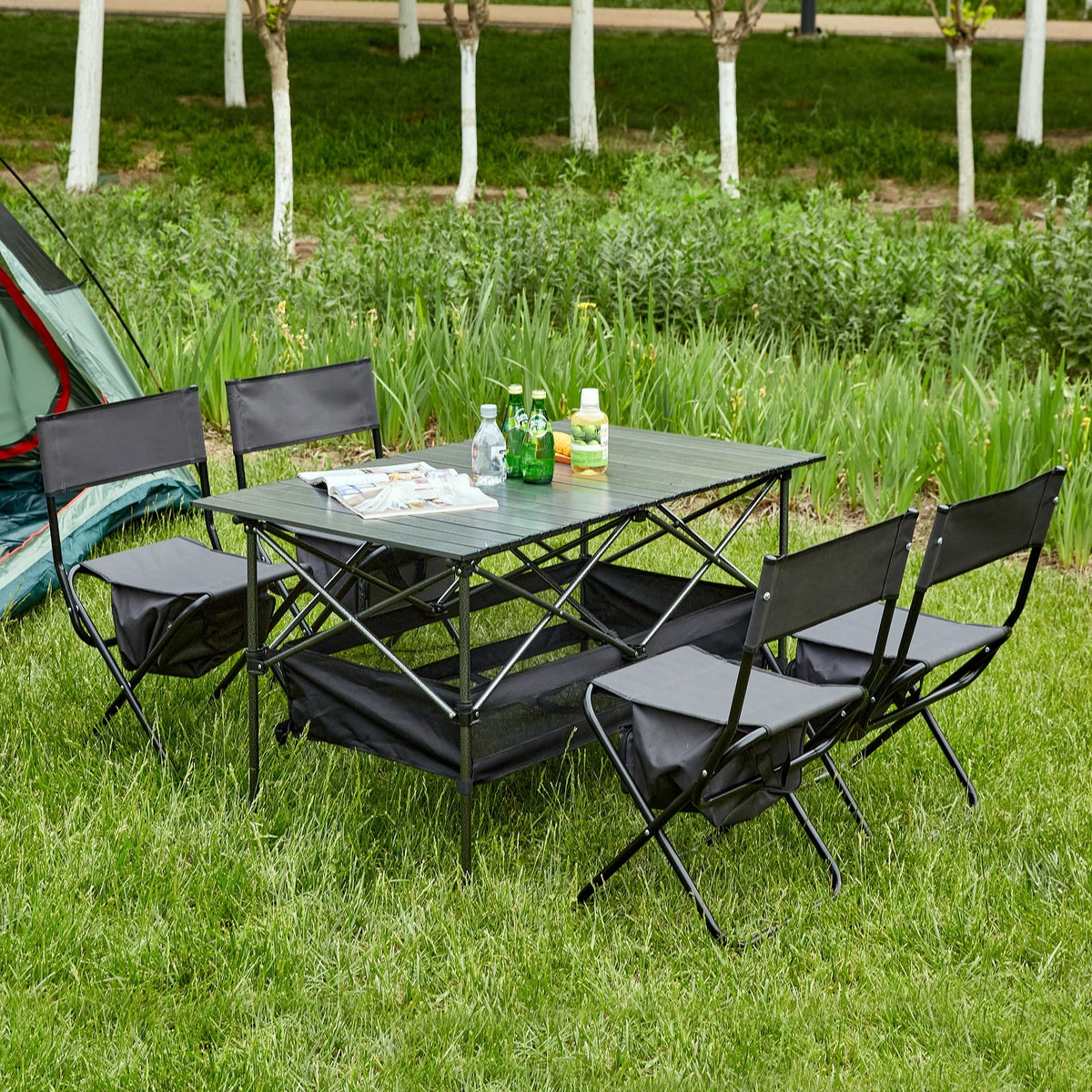 Set of 5, Folding Outdoor Table and Chair Set for Indoor, Outdoor Camping, Picnics, Beach,Backyard, BBQ, Party, Patio, ebony/Gray