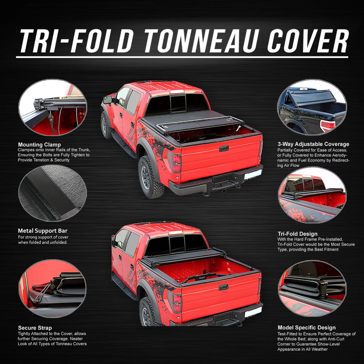 DNA Motoring TTC-TRISOFT-091 For 2019 to 2021  Ranger 6Ft Short Bed Adjustable Matte ebony Aluminum Frame Vinly Tri -Fold Soft Top Trunk Tonneau Cover 20