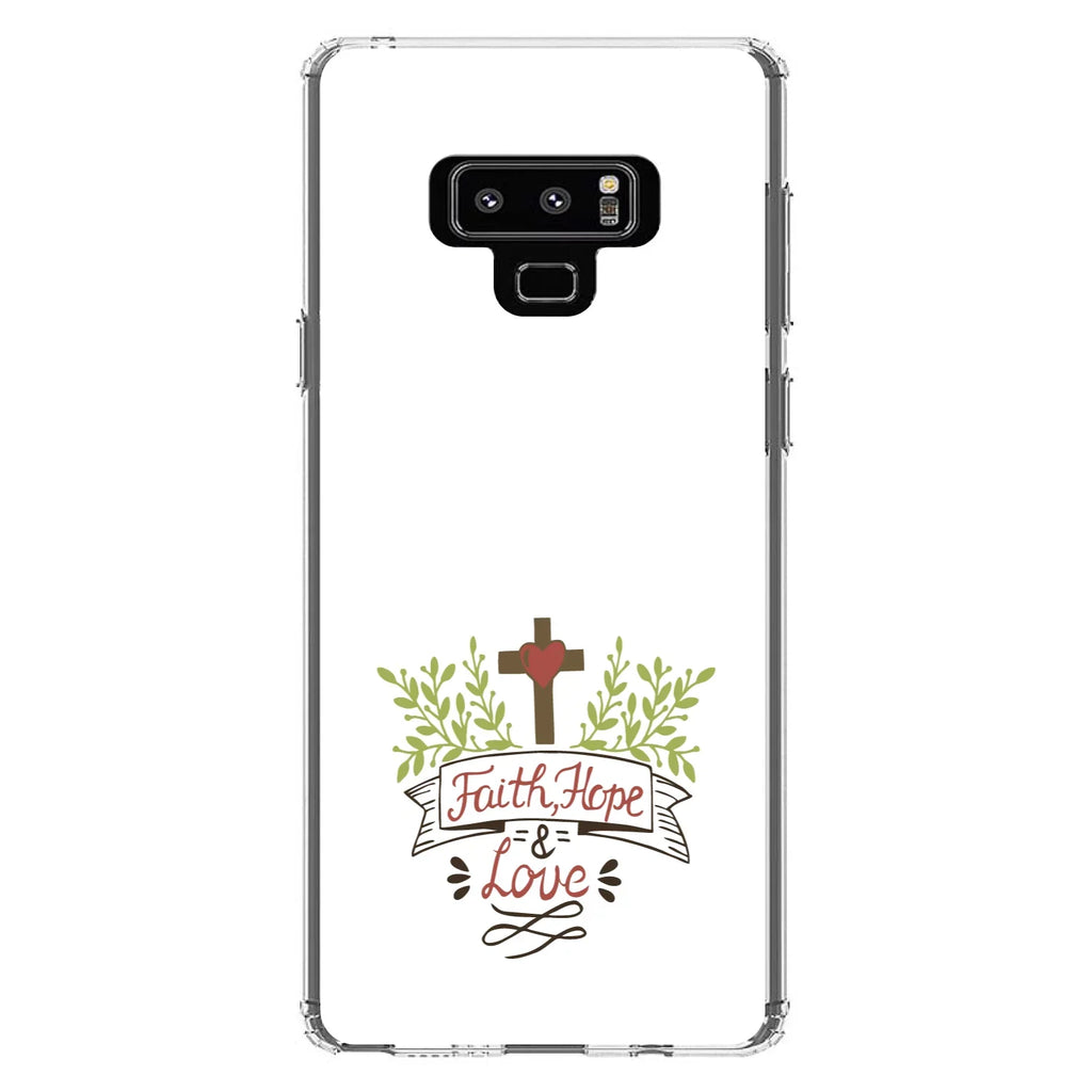 DistinctInk Clear Shockproof Hybrid Case for  Galaxy Note 9 - TPU Bumper, Acrylic Back, Tempered Glass Screen Protector - Faith, Hope & Love - Cross & Leaves