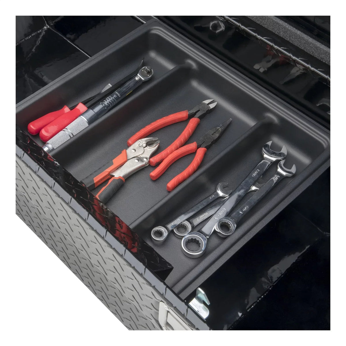 UWS/United Welding Services TBS-69-A-LP-BLK UWSTBS-69-A-LP-BLK 69IN ALUMINUM SINGLE LID CROSSOVER TOOLBOX LOW PROFILE ANGLED dark