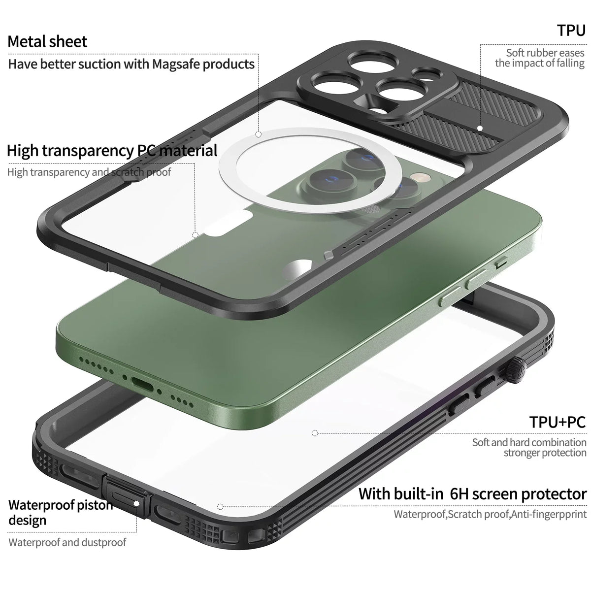 for iPhone 14 Pro Max 6.7" Case Waterproof, Built-in 6H Screen Protector [Real 360][IP68 Underwater][14FT Military Dropproof][Dustproof][Compatible with MagSafe] for iPhone 14 Pro Max - dark