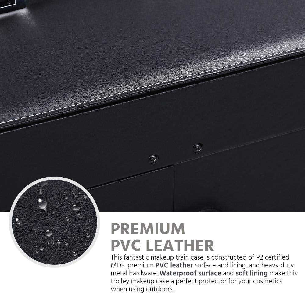 Rolling Makeup Train Case, Cosmetic Trolley Travel Luggage Case with 4 Removable Spinner Wheels, Mirror and Pull Rod Handle, ebony