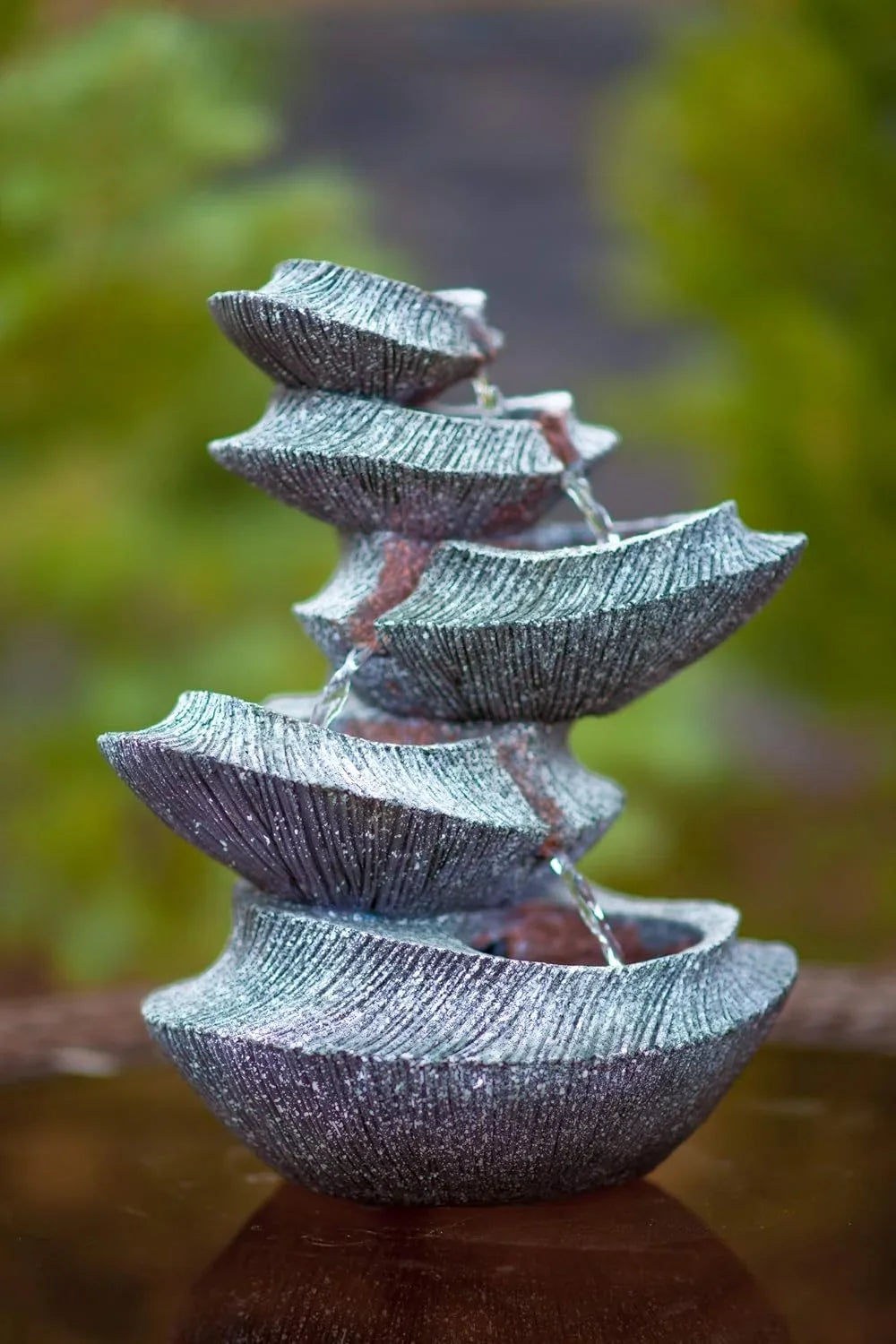 HF-B16-14LT. Hand-Crafted Design. Modern Stone Tiers 14" Fountain W/LED Light: Small Indoor/Outdoor Water Feature For s, Entryways, Gardens & Patios