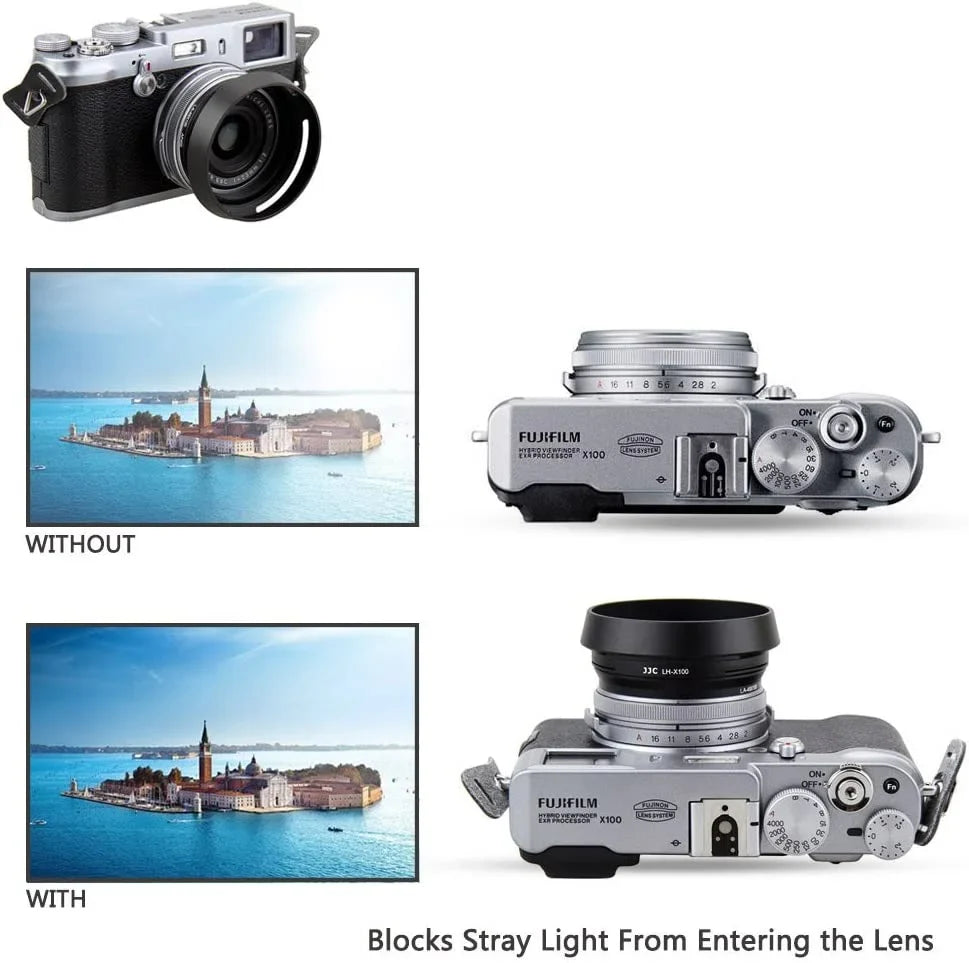 Lens Hood Set JJC Lens Shade for Fuji Fujifilm X100V X100F X100S X100T X100 X70 Replace Fuji LH-X100 Lens Hood & Adapter Ring Aluminum Alloy -dark