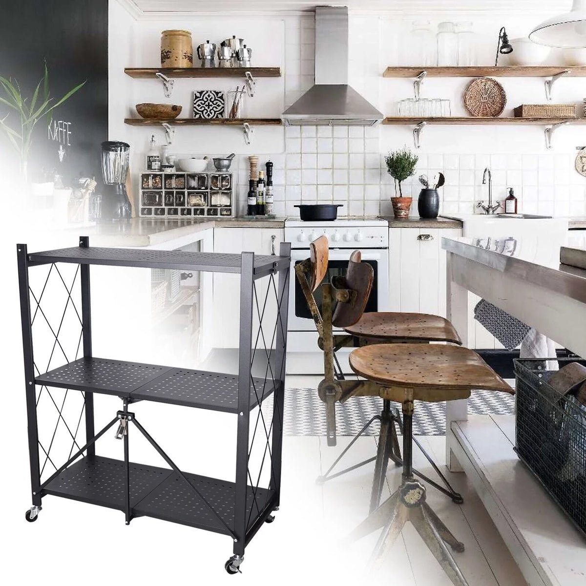 Storage 3 Tier Wide Folding Metal Shelf ,Rolling Trolley Utility Cart charcoal