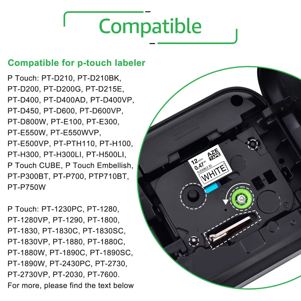 GREENCYCLE 50PK Compatible for Brother P-touch 12mm x 8m ebony on White TZ TZe TZ-FX231 TZe-FX231 TZe-231 TZ-231 Flexible ID Cable Wire Label Tape