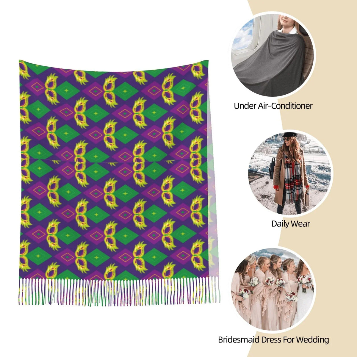 Bingfone Soft Cashmere Feel Scarf For Women Elegant Art Print Winter Warm Scarves Large Shawl Wrap Gifts- Mardi Gras Carnival3