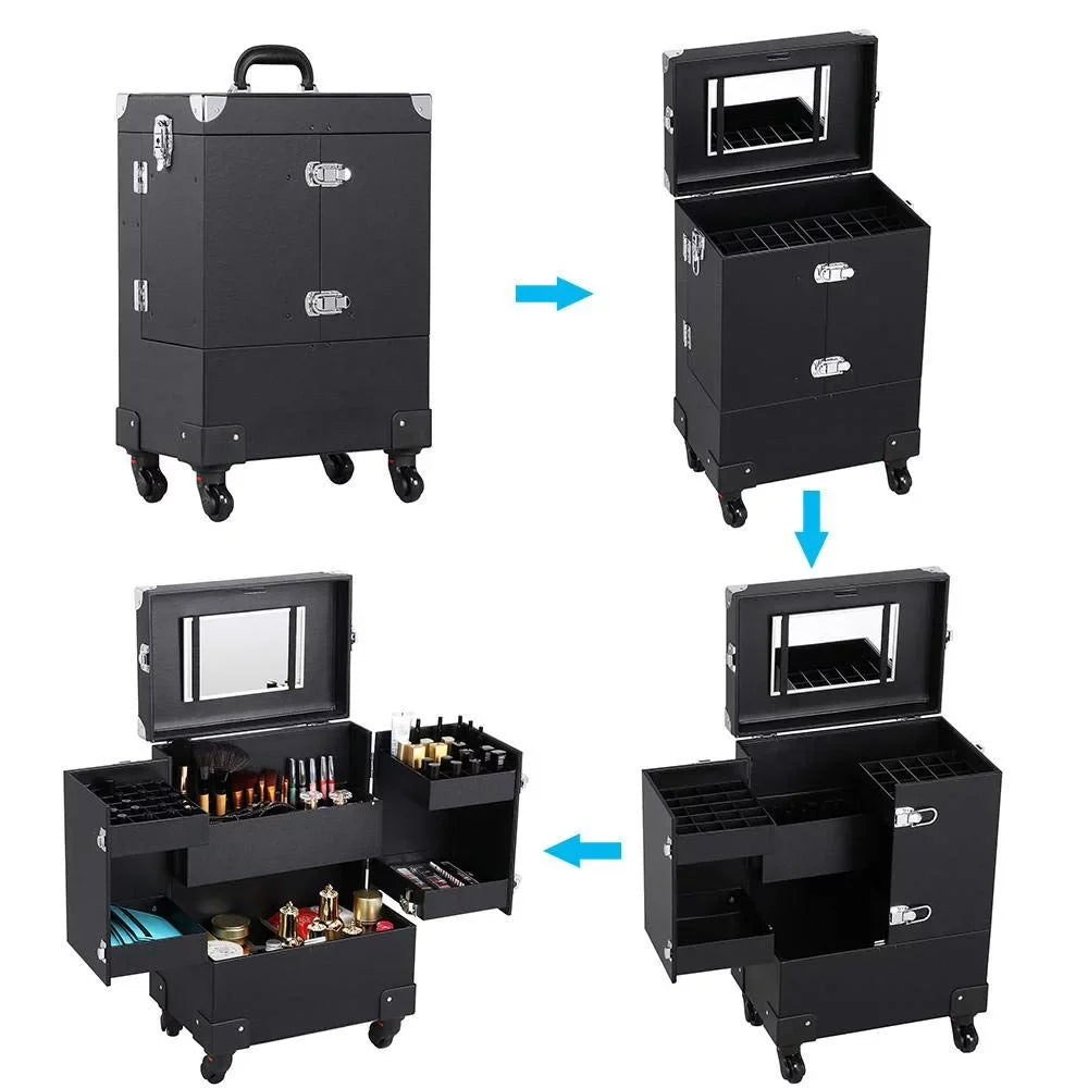 Rolling Makeup Train Case, Cosmetic Trolley Travel Luggage Case with 4 Removable Spinner Wheels, Mirror and Pull Rod Handle, ebony