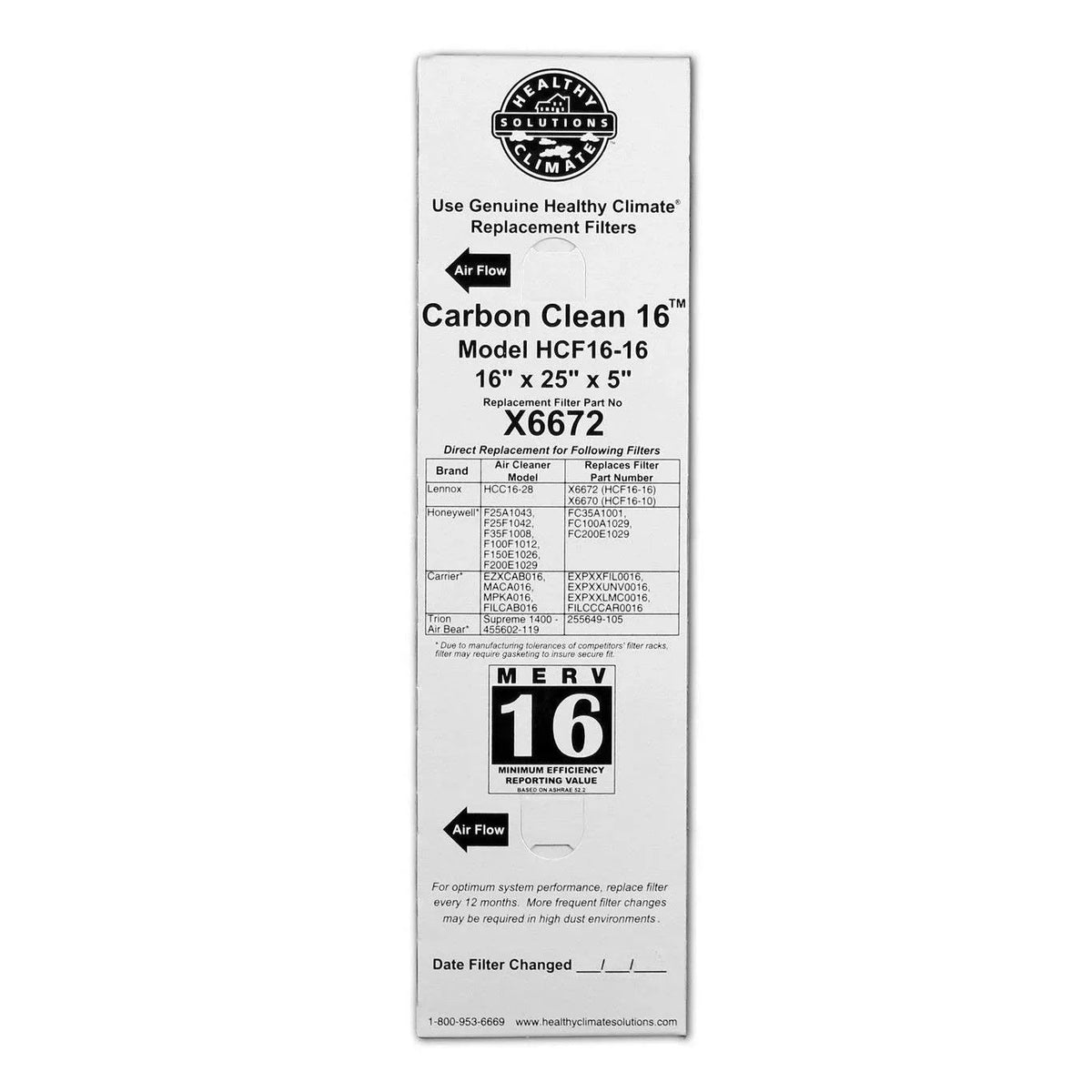 X6672 Lennox Healthy Climate 16x25x5 Merv 16 Filter
