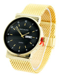 ebony dial, calendar day date window, 23mm wide gold-tone metal mesh strap fits 9 inches wrists.. Mens Gold-Tone ebony business clubbing day date watch,43mm, 9mm thick
