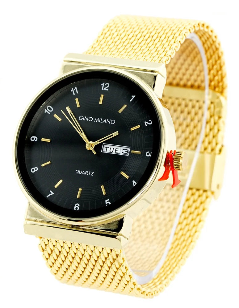 ebony dial, calendar day date window, 23mm wide gold-tone metal mesh strap fits 9 inches wrists.. Mens Gold-Tone ebony business clubbing day date watch,43mm, 9mm thick