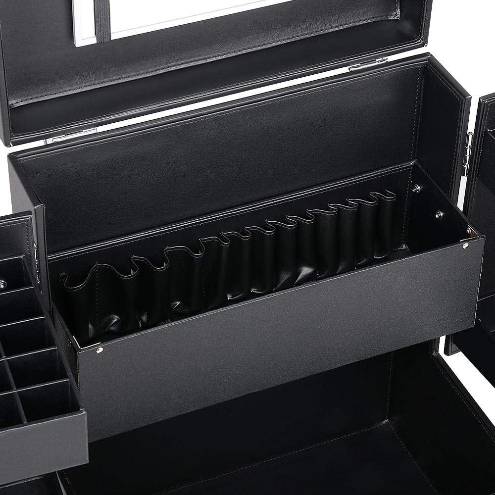 Rolling Makeup Train Case, Cosmetic Trolley Travel Luggage Case with 4 Removable Spinner Wheels, Mirror and Pull Rod Handle, ebony