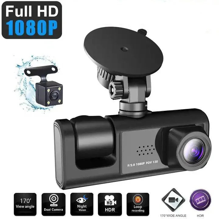 3 Channel Dash cam, 2-25mm Screen Driving Recorder, High-Definition 1080P, Night Vision, Loop recording, Motion Detection, G-Sensor +32 GB SD Card