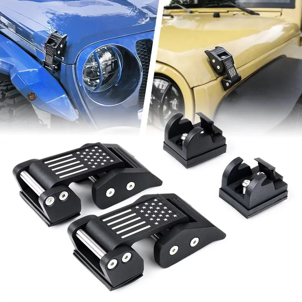 Flag for 2007-2018 Jeep Wrangler JK & 2018+ Jeep Wrangler JL. Xprite dark Aluminum Hood Latch Kit with U.S