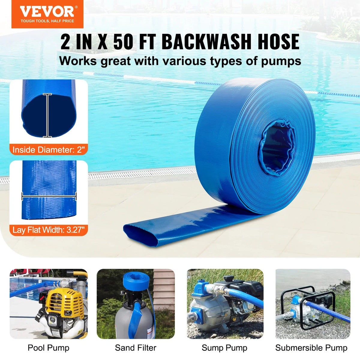 BENTISM Swimming Pool Filter Backwash Hose with Clamps 2'' x 50' Premium polyvinyl chloride Lay Flat Discharge Hose Blue Weather and Chemical Resistant