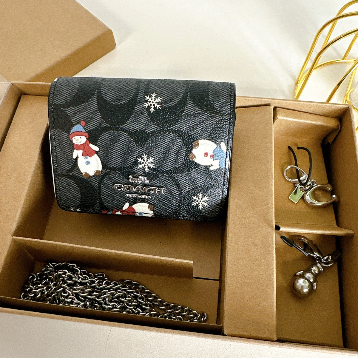Coach CN047 Boxed Mini Wallet On A Chain In Signature Canvas With Snowman Print IN ebony Multi