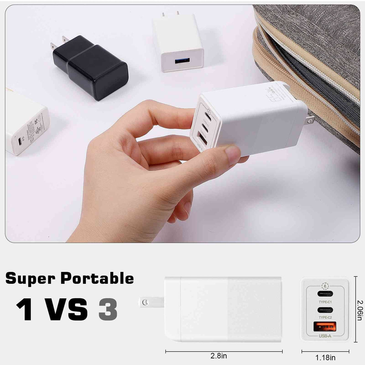 UrbanX 65W Fast Travel Charger with 3 Ports USB & Dual USB-C High-Speed Charging Compatible with HTC One A9/One M9/Desire Eye/Butterfly 2/One Remix, iPhone,  Galaxy, Google Pixel, MacBook